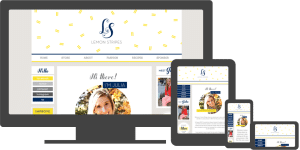 Image of computer monitor, tablet, and smartphone showing responsive lemon stripes website