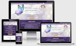 Image of computer monitor, laptop, tablet, and smartphone showing responsive PCOSDiva website