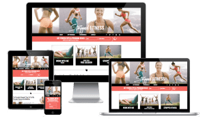 Image of computer monitor, laptop, tablet, and smartphone showing responsive Stripped Fitness website