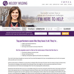 Screenshot of front page of Melody Wilding website