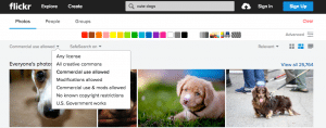 Screenshot of flickr with "commercial use allowed" dropdown open