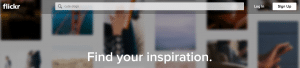 Screenshot of flickr front page with search bar and "find your inspiration"