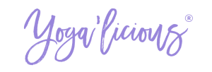 Professional logo featuring the word "yoga'licious" in a script font