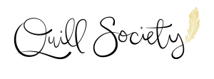Creative logo for quill society, featuring script text and quill feather