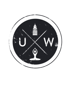 Professional logo for University of Wellness featuring illustration of building above illustration of person in yoga pose