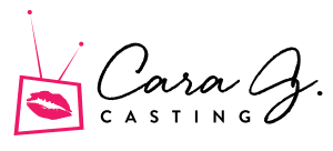 Professional logo for Cara G Casting featuring illustration of lip print inside television screen