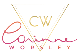 Professional logo for Corinne Worsley featuring script font and initials "CW" inside upside down gold triangle outline