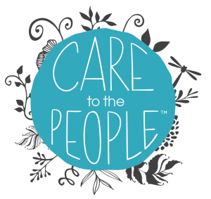 Professional logo for Care to the People featuring words inside blue circle and black plant illustrations growing from circle