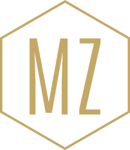 Professional logo featuring letters "MZ" in gold inside hexagon
