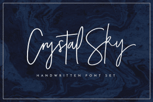 Navy blue abstract background with words "Crystal Sky" written in handwritten font