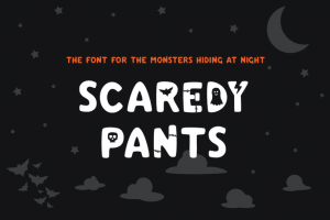 Illustration of the words "Scaredy Pants" with images inside letters of skulls, bats, and ghosts