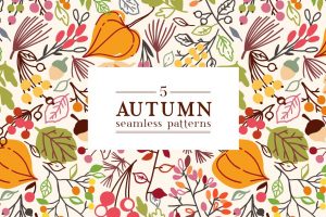 Illustration of autumnal pattern in jewel toned colors with language "5 Autumn seamless patterns"