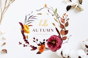 Illustration of floral wreath with the words "hello autumn" inside wreath