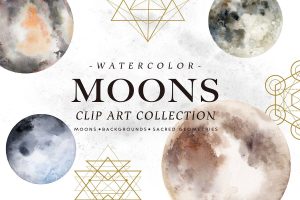 Image of multiple watercolor moons with "watercolor moons clip art collection" overlaid text